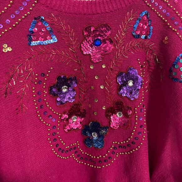 Vintage Diana Marco Deep Pink Beaded Sequin Pullover Sweater Womens Plus Size 22 - Picture 4 of 7